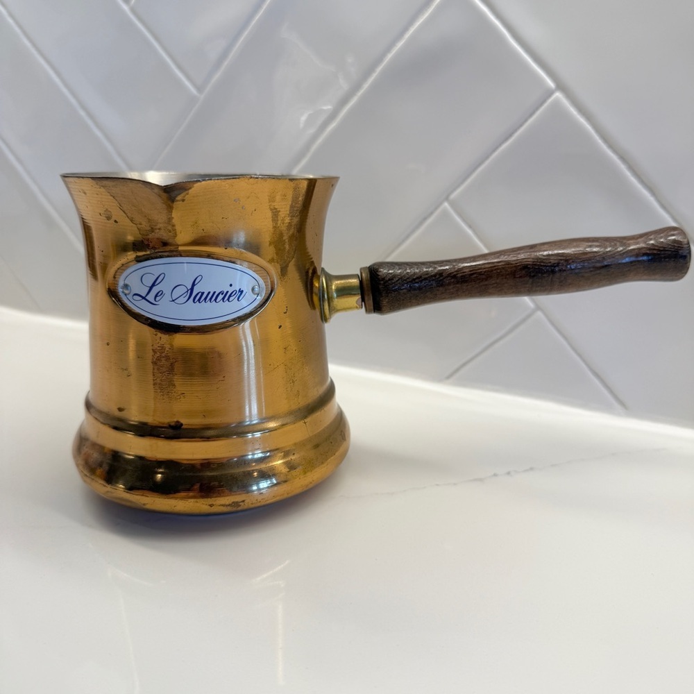 Vintage 1984 Teleflora Copper Le Saucier Sauce Pan Vase  Wood Handle Patina